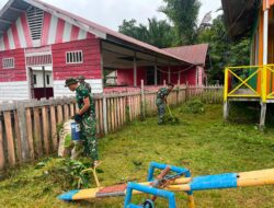 Bahu-Membahu dengan Masyarakat, Pos Muara Nawa Satgas Pamtas RI-PNG Kewilayahan Yonif 645/Gardatama Yudha Bersama Warga Kampung Muara Nawa Melakukan Pembersihan di Sebuah Bangunan Paud Sindikoto*