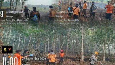 Upaya Cegah Api Kembali Menyala, Brimob Kalbar Basahi Lahan Bekas Terbakar di Kabupaten Ketapang